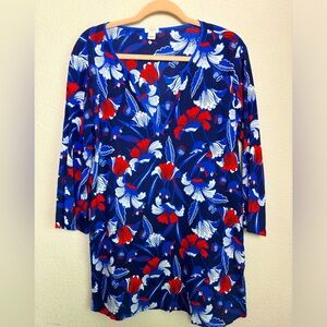 J. Crew Red and Blue Floral Gauze 3/4 Sleeve Tunic Blouse L